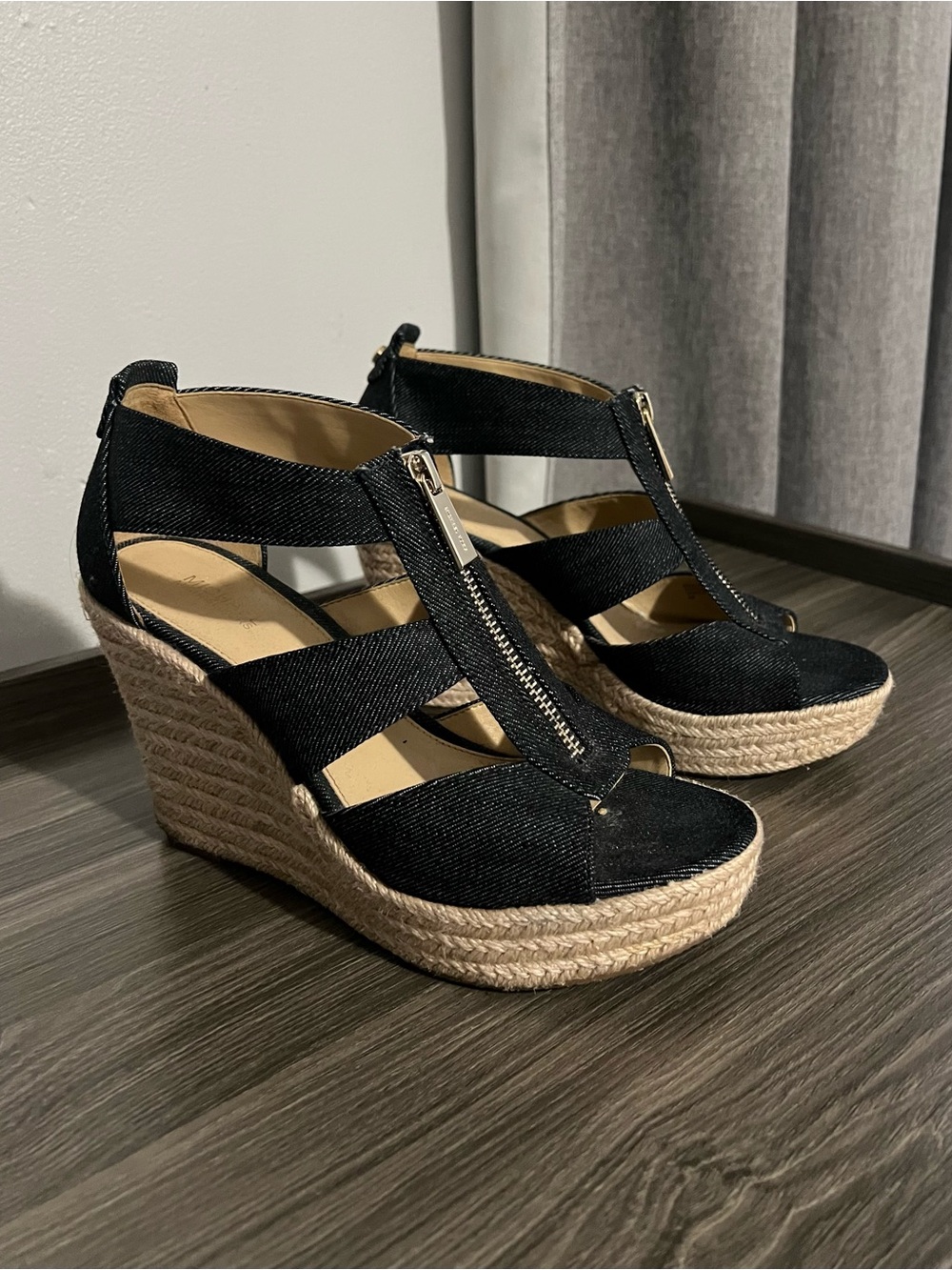 Michael Kors Blue/Denim Color Espadrille Wedge Sandals with Front Zip Accent